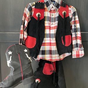 Boys cowboy outfit.  Leather chaps/vest, boots, shirt.